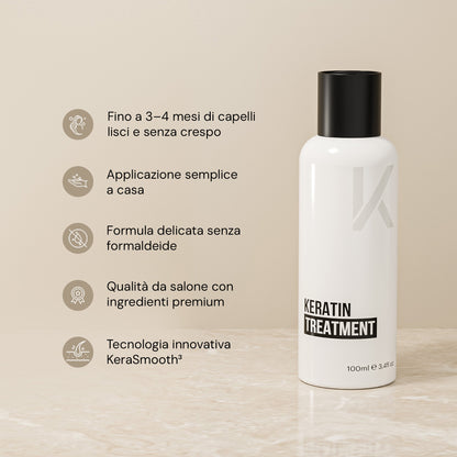 KERAZUL® Keratin Treatment da 100 ml con cinque vantaggi: fino a 3–4 mesi di capelli lisci senza crespo, applicazione semplice a casa, formula senza formaldeide, qualità da salone e tecnologia KeraSmooth³